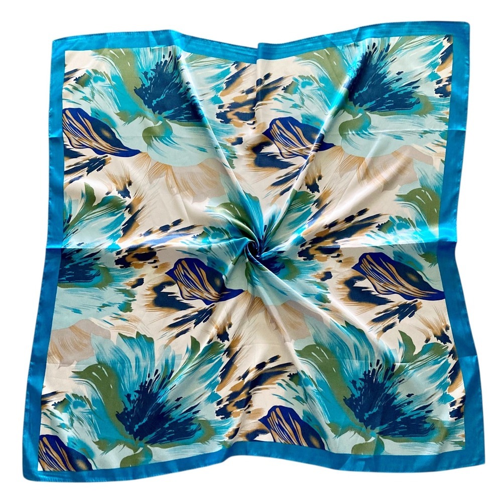 Oversized Boho Satin Square Hair Scarf Blue brown abstract 35" Floral coastal 💖